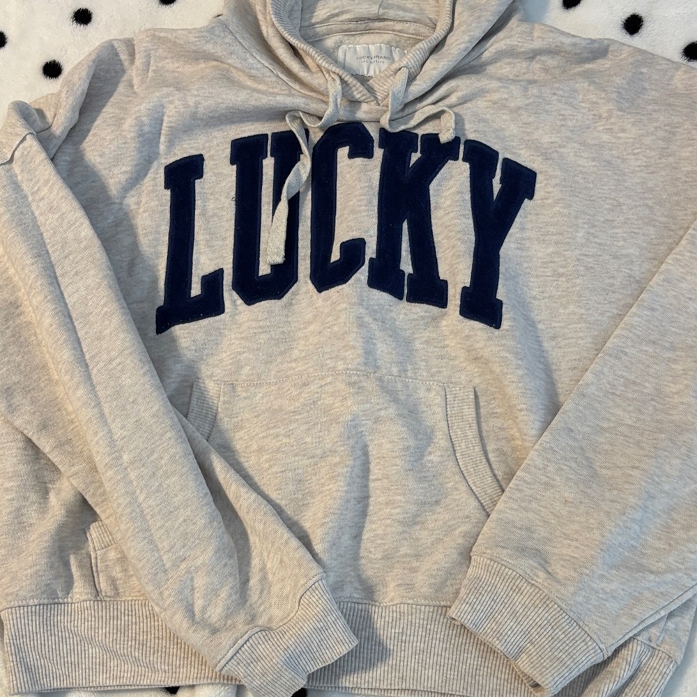 Lucky Brand Cropped Gray Hoodie with Navy Lettering. Front pocket. - Picture 2 of 4